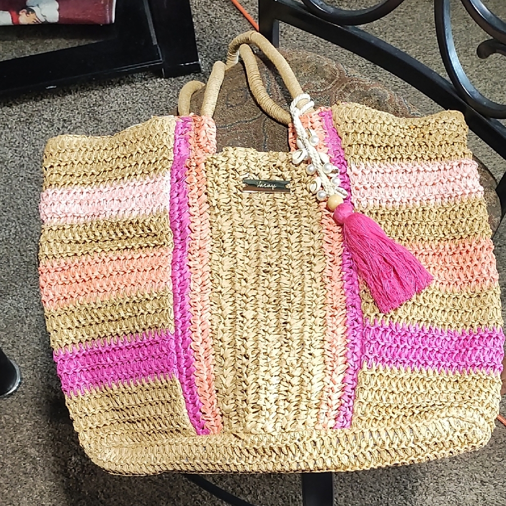 Miztique Straw Beach ⛱️ Tote with Pink and Tan Stripes